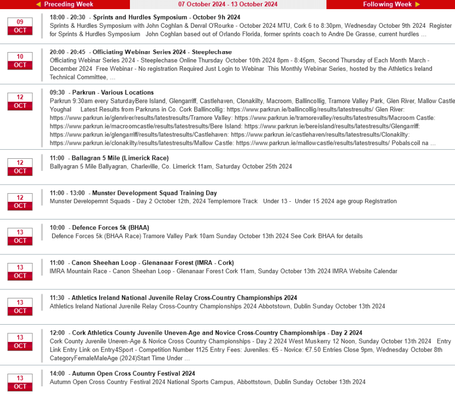 cork athletics events week ending october 13th 2024