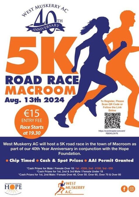 west muskerry ac 5k road race flyer aug 2024